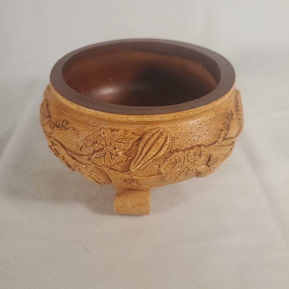Vintage FTDA Made in USA Wood Resin Footed Bowl Pot Gourd Vine Leaf Design Fall - Picture 2 of 13